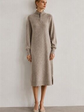 Mocha Half-Zip Mock Neck Sweater Dress | Wool Blend | Midi Length | NWT